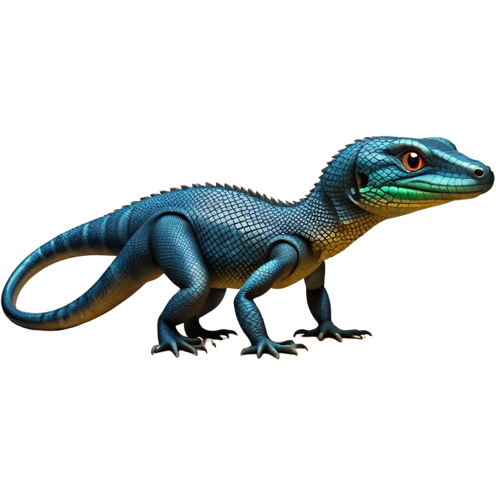 cinematic-monitor-lizard-realistic-full-body-standing on all fours-emoji,-long-powerful-tail-dragging-slightly-behind,-sleek-scaled-body-textured-with-rich-patterns,-head-tilted-dramatically,-dark-intense-eyes-observing-its-surroundings,-simplified-yet-realistic-focused-features,-highly-detailed,-glowing-with-an-almost-sarcastic-glow emoji