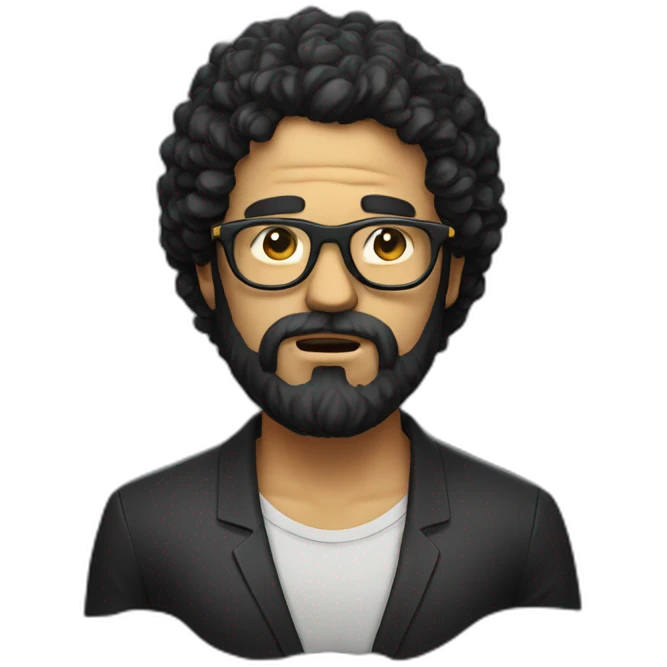 angry men with black curly hair and beard and golden glasses in black emoji