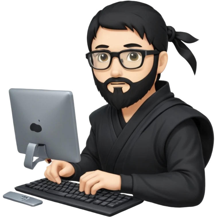Man with black hair and beard wearing glasses in a ninja costume. Keep the top left version, make the beard longer and replace the sword on his with a computer keyboard  emoji