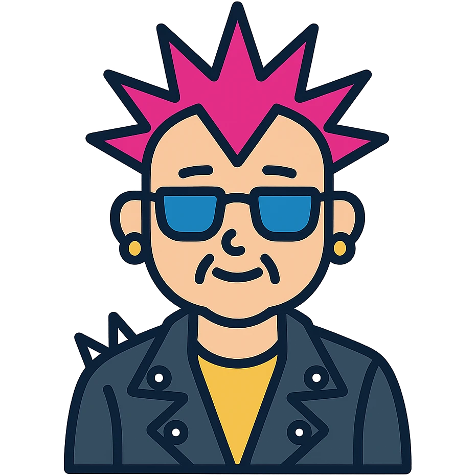 A punk grandma with a leather jacket, spiked hair, and sunglasses emoji