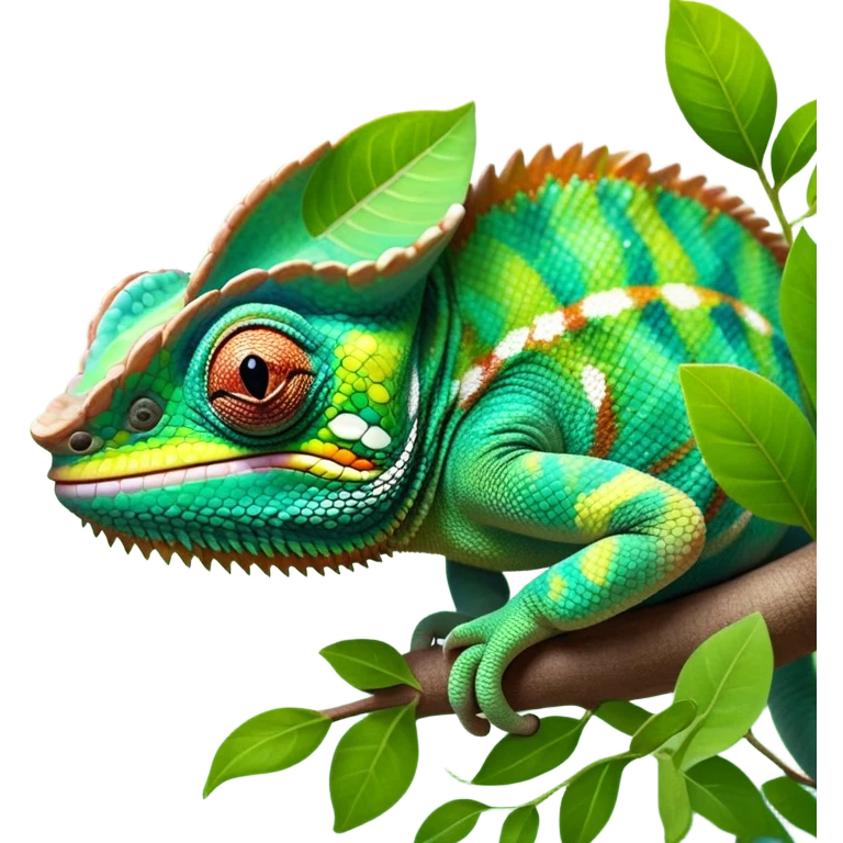 cinematic giant-smiling. chameleon-realistic emoji,-blending-with-vibrant-greenery.-detailed-scales-in-shifting-colors,-showing-the-chameleon’s-ability-to-camouflage.-soft-natural-light-highlights-its-texture.-light-background, zoomed into its face emoji