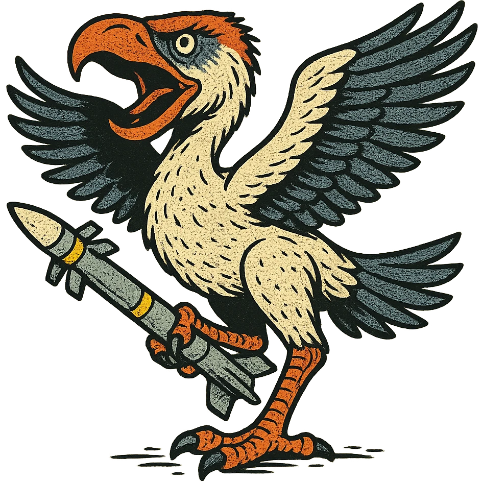 an insignia for a flag: a strange foreign alien bird creature, resembling a prehistoric phorusrhacos, gripping a sidewinder missile in its' powerful claw, standing up on its' other claw, cawing fiercely, wings spread in defiance.
 emoji