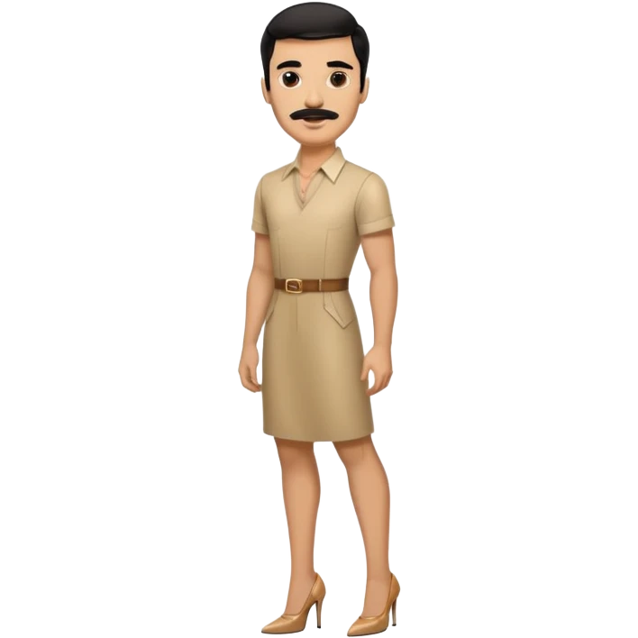 Man in high heels light brown dress with black hair and mustache  emoji
