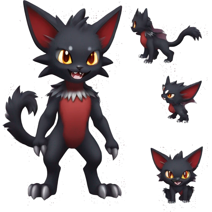   cool cute fantasy anime dark animal vampiric Litten-Zoroark-Nargacuga-cat-hybrid Fakemon with big fangs and bat-ears full body emoji