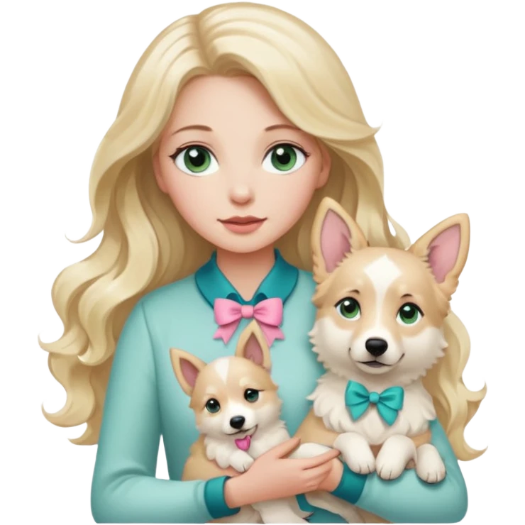 A white Long Wave blonde Hair Woman with blue-green eyes, with a Brown eyed White Shepard  in the arm ,the dog has a little bit beige in then end of the ears and a pink bow in neck . emoji
