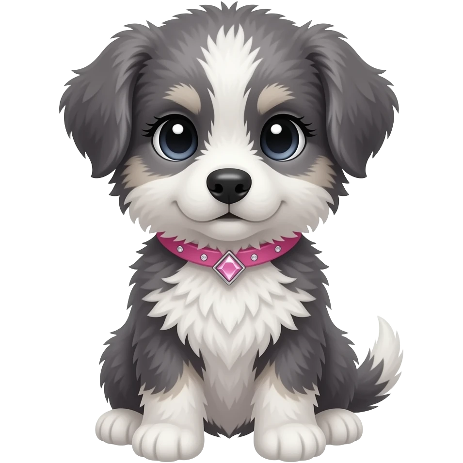 pretty light and dark grey fluffy girl puppy, long eye lashes, pink diamond collar emoji