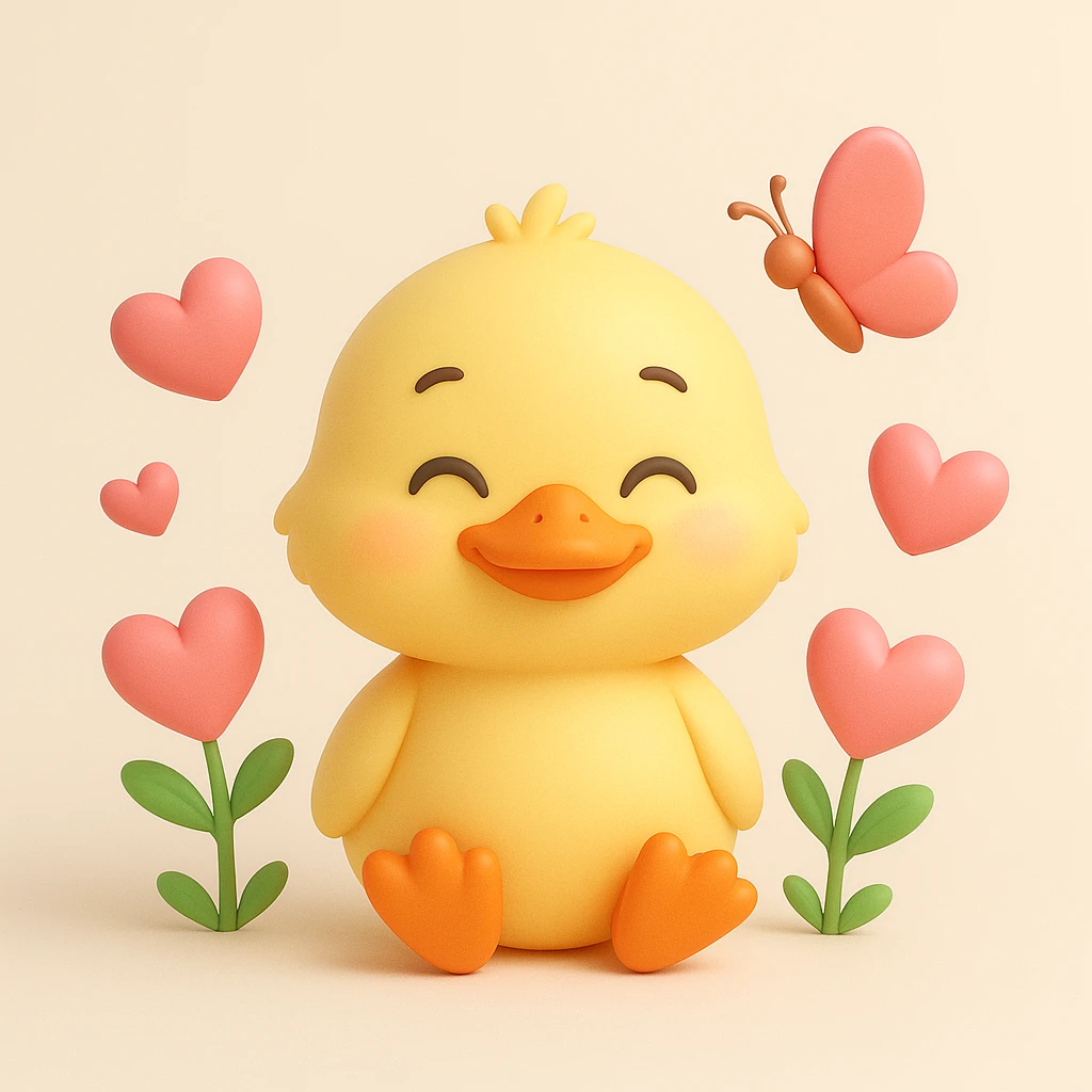 A cute duckling with closed eyes and a smile, surrounded by pink heart-shaped flowers and a butterfly, 3D iOS style, light beige background, yellow duckling with orange feet and beak, pink flowers and butterfly. emoji