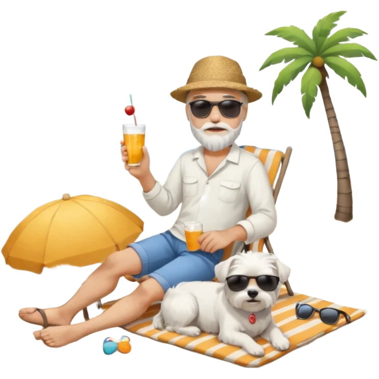 white man grey hair beard holding a white Maltese relaxing on a beach full body 1 dog emoji