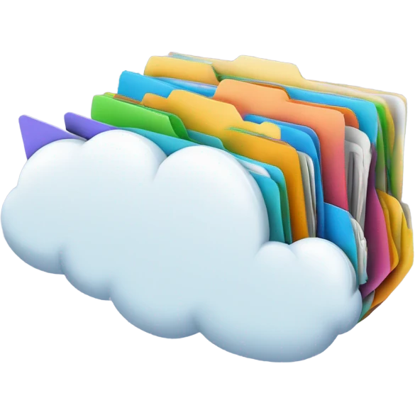 A cloud with folders and files flying in and out of it. emoji