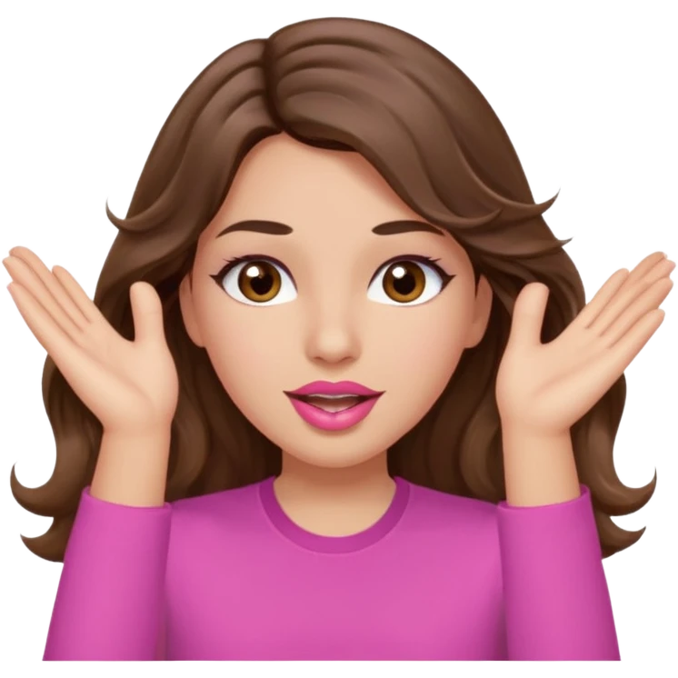 girl with long wavy brown hair, brown eyes, light to medium complexion, in a pink shirt, pink lips, long lashes, puckered lips, both hands in the air cheering emoji