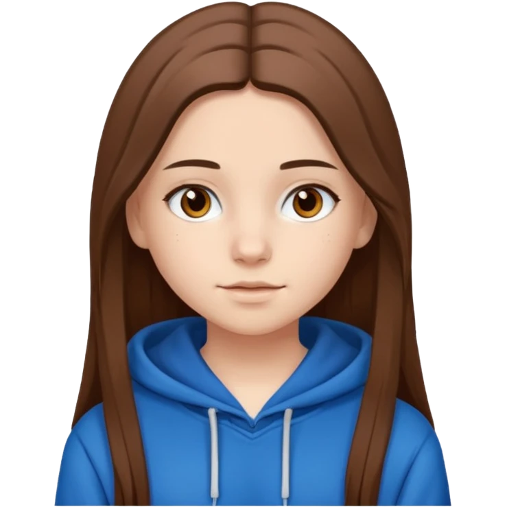 teen girl, white skin, long brown hair middle parted, brown eyes, blue hoodie emoji