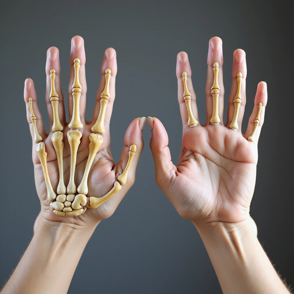 human hands and pig hooves side by side, transparent overlay showing similar bone structure of fingers and toes, illustrative hyperrealistic 4K emoji
