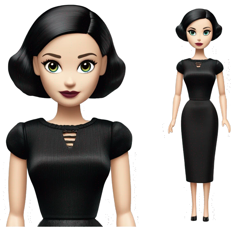 Really Hot elegant Wednesday Addams Barbie. Slinky silk well-fitted, backless black dress. very pale complexion. simple jewelry. Bedroom eyeshadow. Dark straight hair. emoji