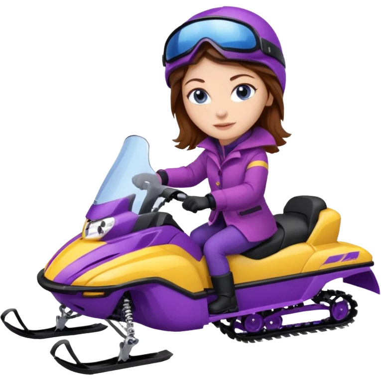 Woman, Brown hair, very blue eyes, wearing a Very red coat  on purple and yellow striped snowmobile emoji