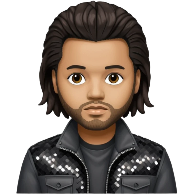 The Weeknd with long dark brown hair, dark gray sequin outfit  emoji