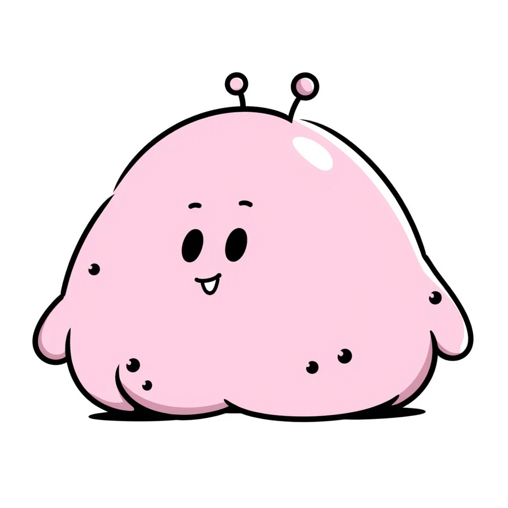 Majin Buu from Dragon Ball Z, pink blob monster with holes, antenna on head, mischievous smile emoji