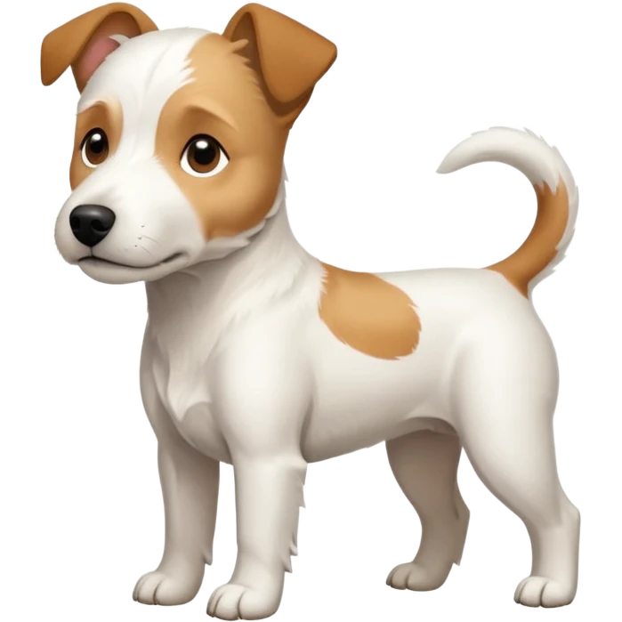 a full body facing front on of a buff white parson russell terrier looking dog the size of a kelpie with light brown long ears resting on its face and a light brown patch on one eye and a large snout. the rest of the dog is completely white.  emoji