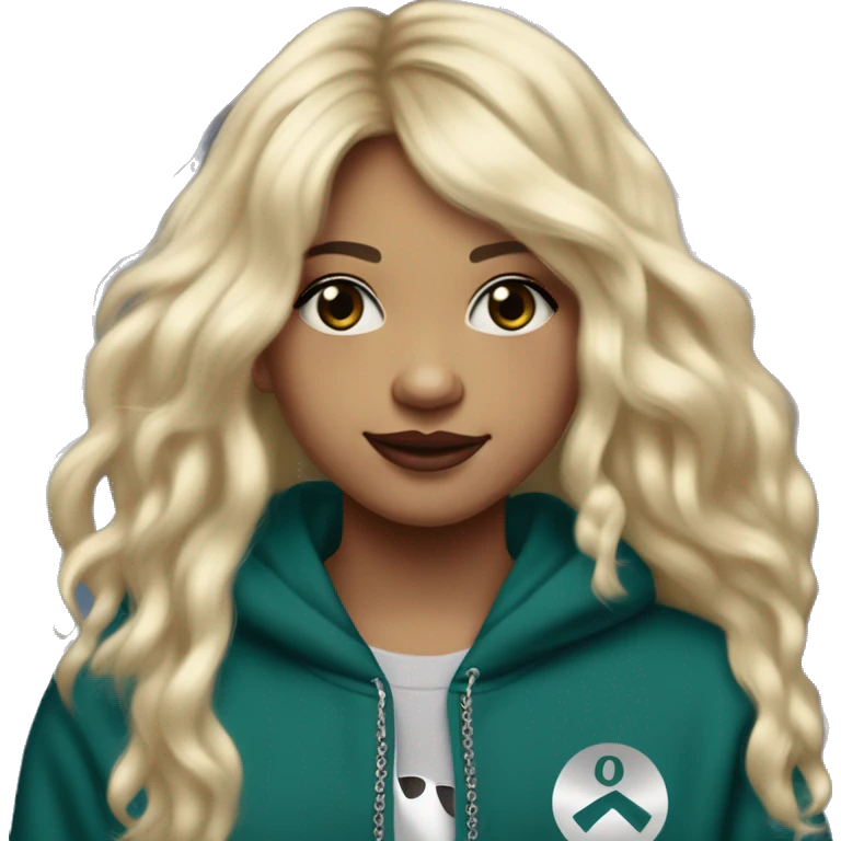 14 year old with long light blonde hair, middle part, chin length curtain bangs, smirking smile, dark teal eyes, long black eyelashes, wears a mulberry hoodie, black leggings, mulberry converse, black pearl earrings, wears a silver cancer sign necklace. emoji