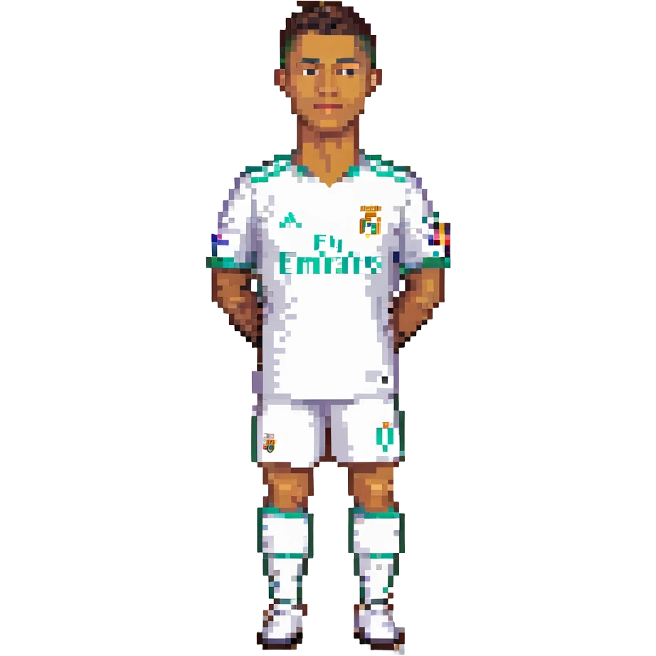 Cristiano Ronaldo in a Real Madrid uniform, pixel art style, with transparent background. emoji