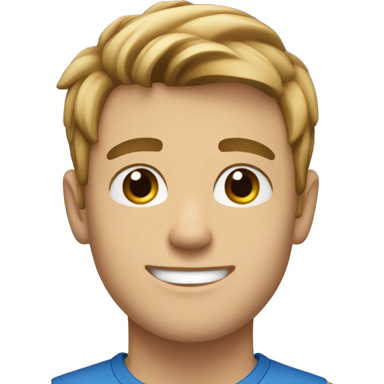22 year old guy that is happy, has an average haircutwith dark blonde-brownish hair and blue eyes. emoji