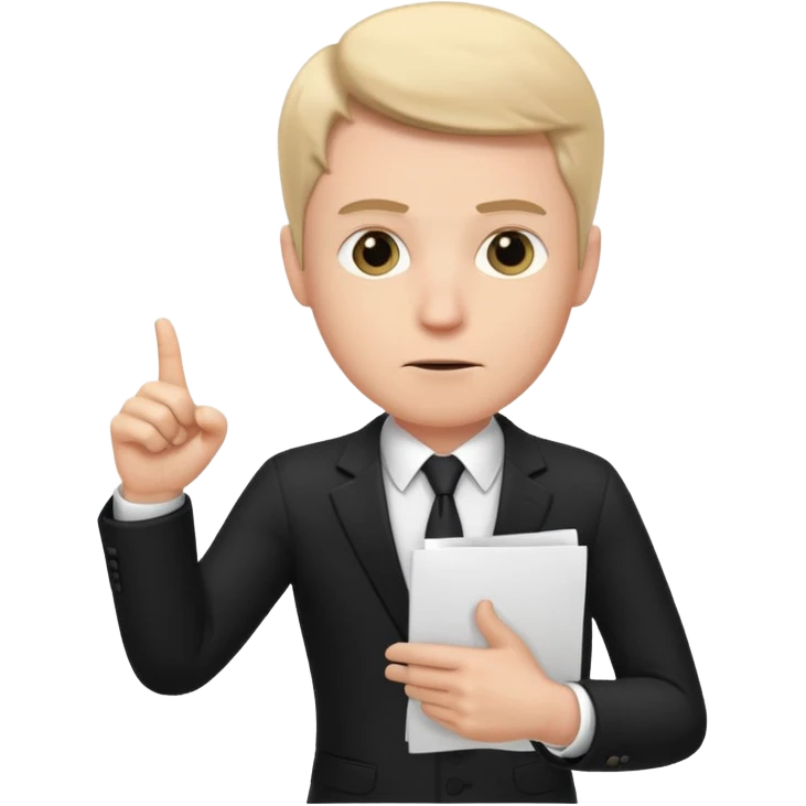 A white man in a black suit stands with a serious face and points at his hand holding papers. emoji