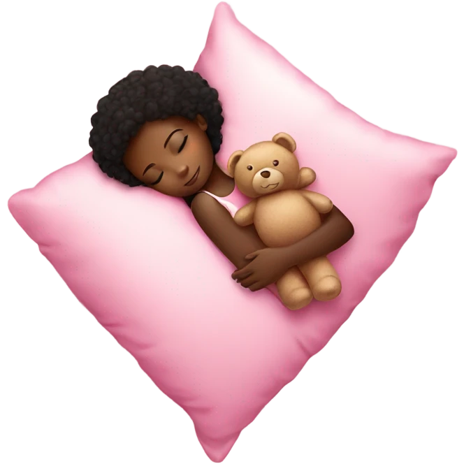 black girl sleeping on pink pillow with teddy bear in arms emoji