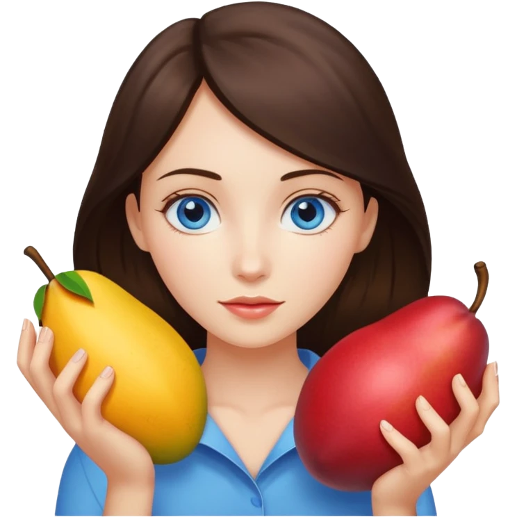 A brunette girl with blue eyes holding a mango emoji