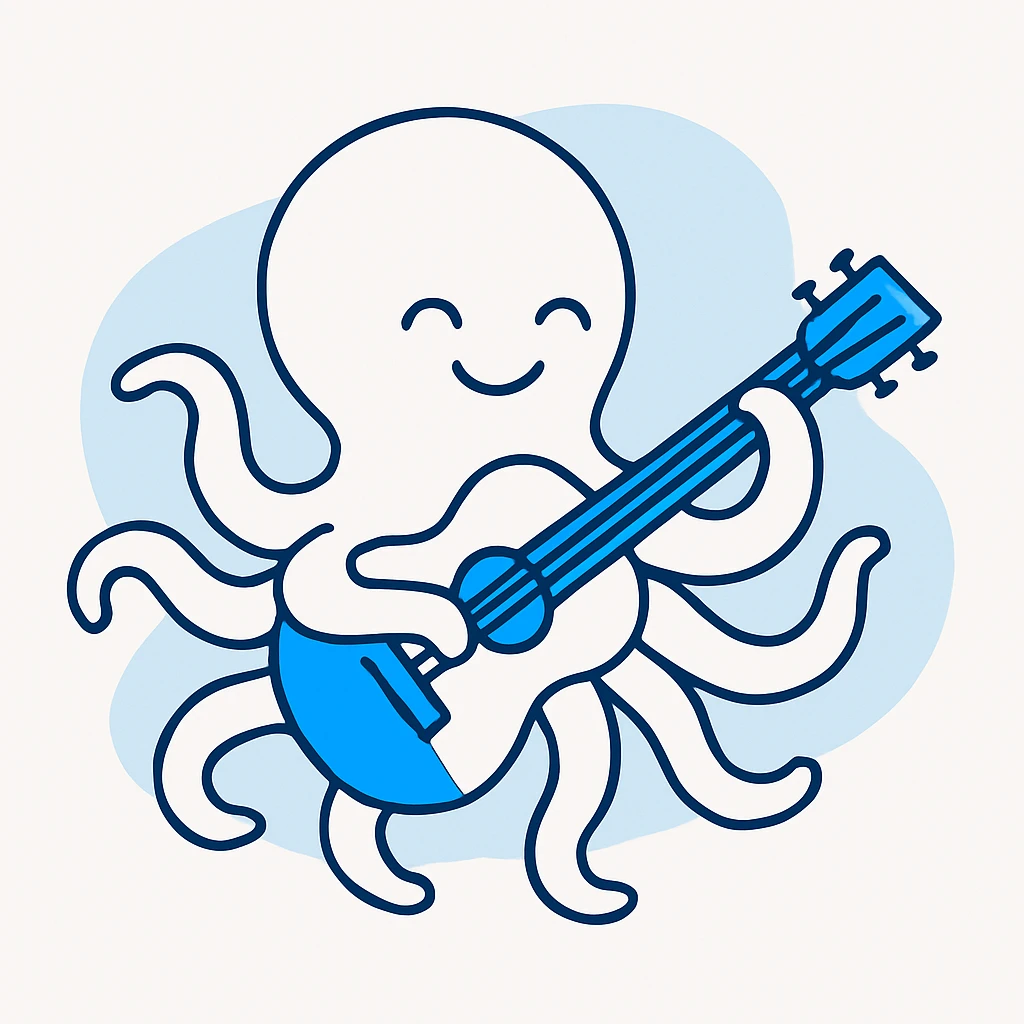 happy octopus with multiple arms playing guitar emoji