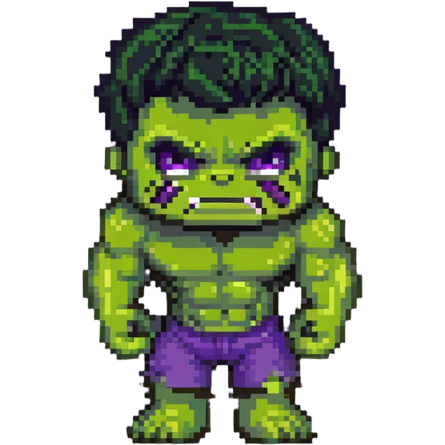 chibi version of Hulk from Marvel, exaggerated head, green skin, purple shorts emoji
