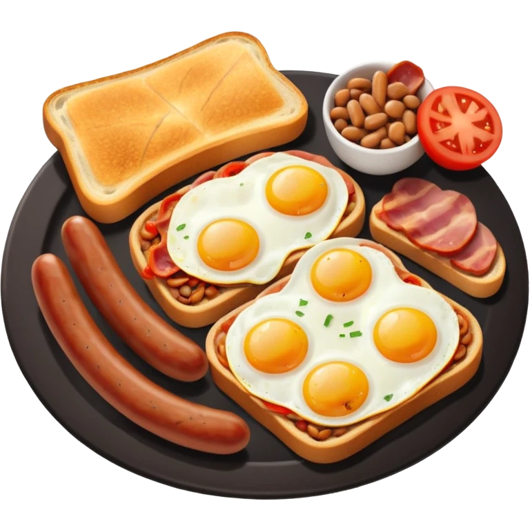 full English breakfast with eggs, bacon, sausage, beans, toast, and tomato emoji