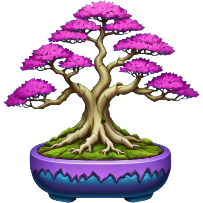 Futuristic wild glowing et alien moss maples Bonsai hair-fine-leaf group crimson crystal boxwood purple and cream pink blue informal rocky cliffhanger forest planting in shallow slab style pot  emoji