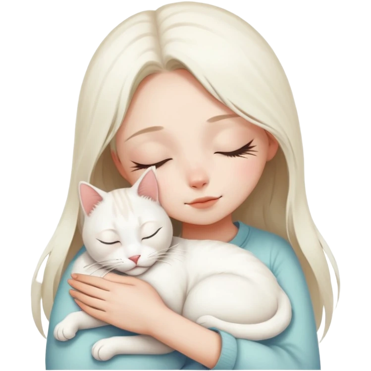 a closing eyes girl hugs a white jinjila cat,the cat’s eyes are open emoji