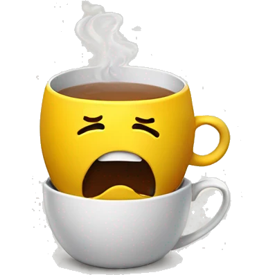 A stressed emoji siting in a cup of tea with lot of stress very tired, show a mess on his head representing stress  emoji