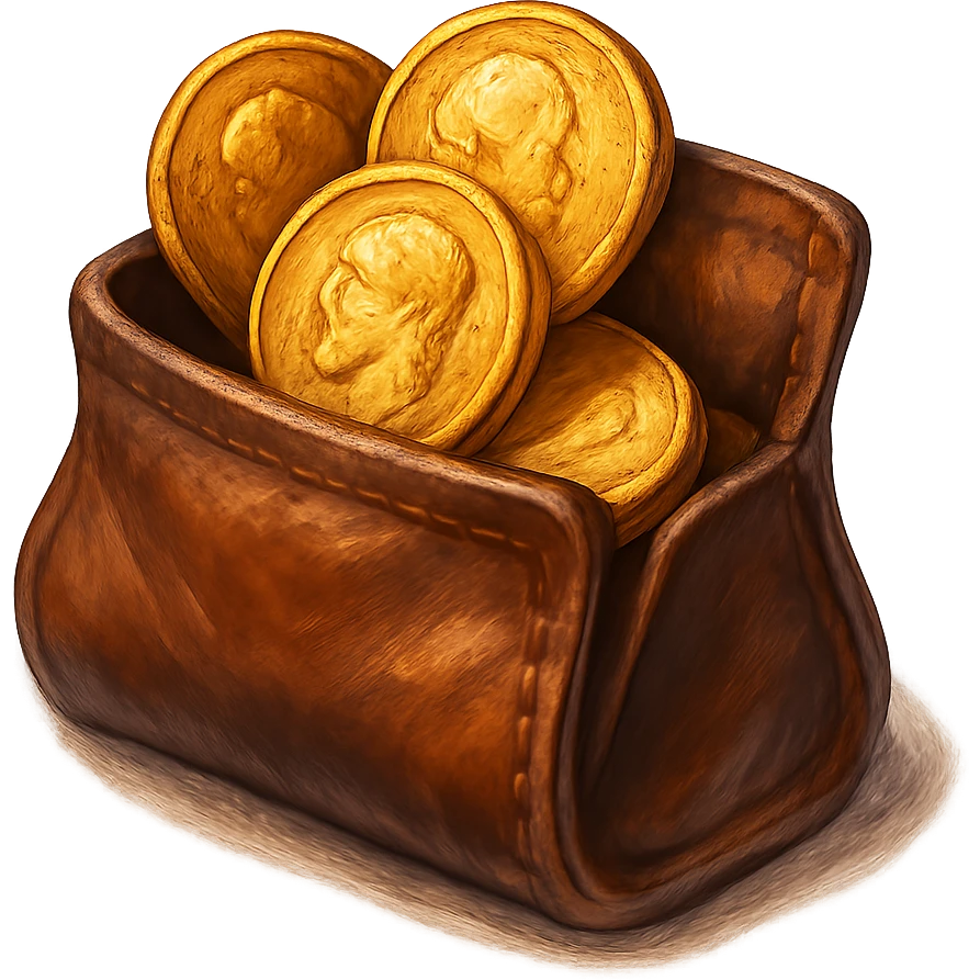 В cлегка рисованной, но при этом объемной и яркой стилистике сгенерируй картинку кожаного кошелька, из которого торчат натуральные фотореалистичные старые золотые монеты. Они должны выглядеть не как пластмассовые, а как настоящее золото. Прозрачный фон emoji