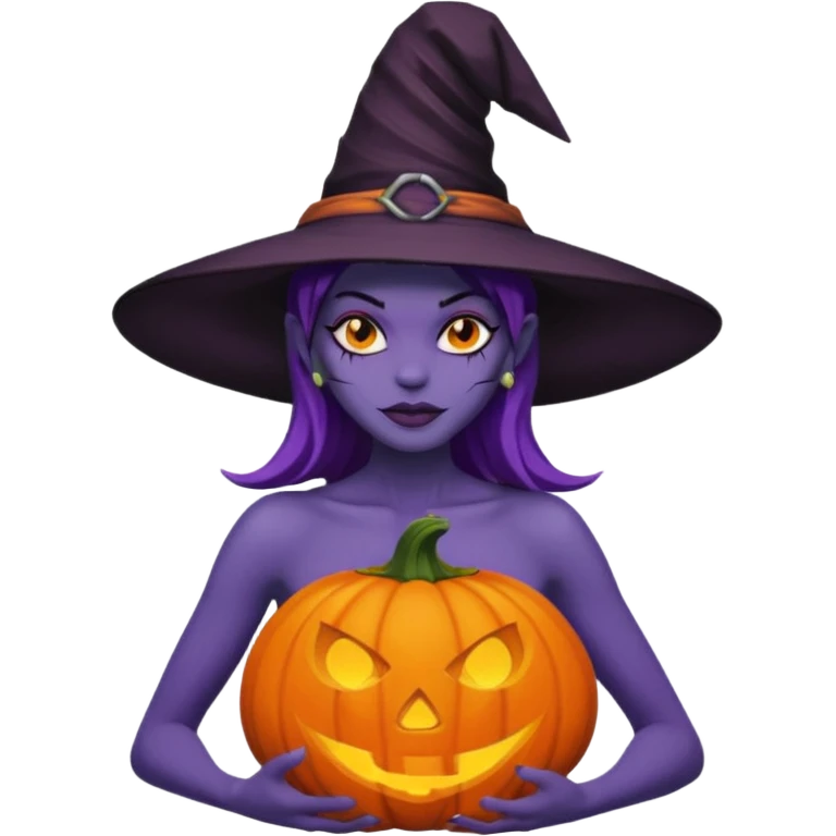 A naked woman with bare chest wears a carved pumpkin head and a witch hat with purple skin emoji