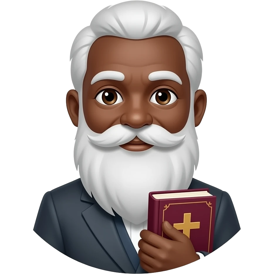 wise old man with greying white hair slight smile brown eyes white beard black skin with burgundy book that has a cross on it no circle emoji
