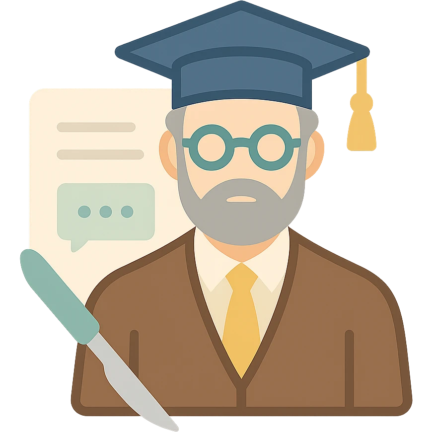 sleek clinical icon of a dignified intellectual professor with classic academia style, subtle scalpel sub-graphic, minimal document background with implied text and AI chat interface hints, refined historic academic color scheme, minimal Apple-like aesthetic emoji