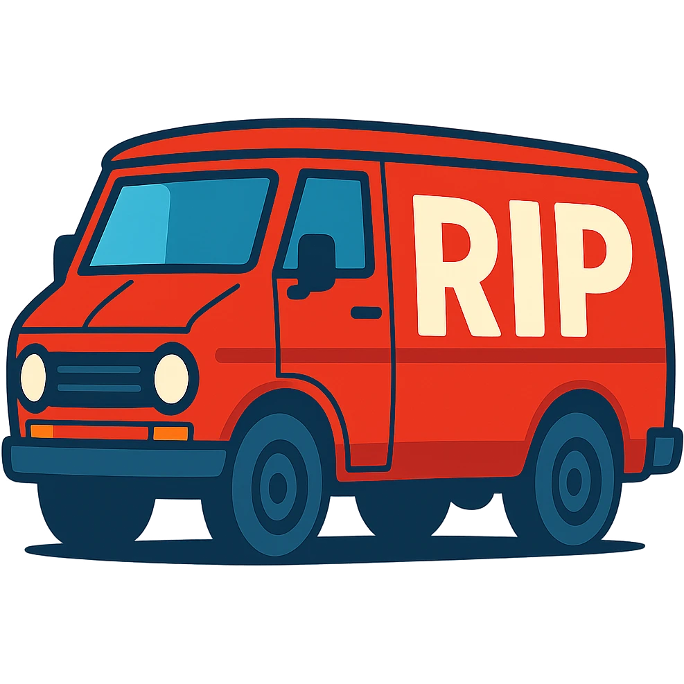 big red van with clear and bold 'RiP' logo emoji