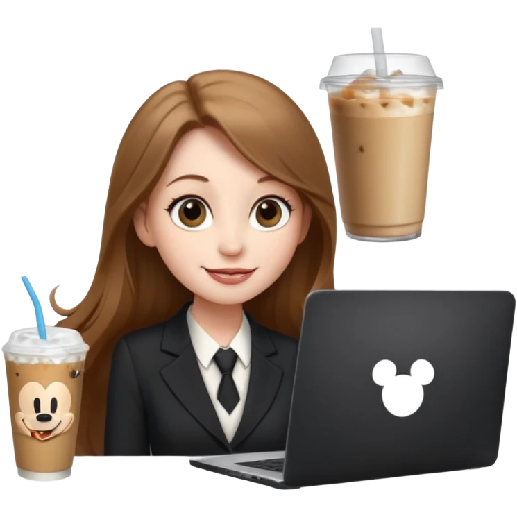 Women in front of laptop has a Mickey sticker, with a happy face, face a little fuller, long light brown hair, light brown big eyes, light pale skin with a iced coffee on the side, business attire emoji
