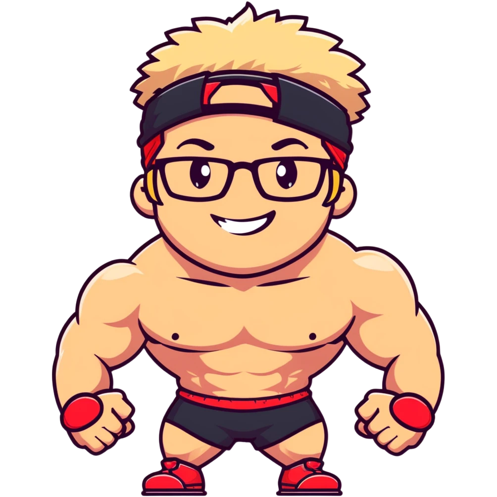Man with black and white cap, shirtless muscular body, red shorts, clear glasses, messy light blond mullet hairstyle, flexing muscles and smiling emoji