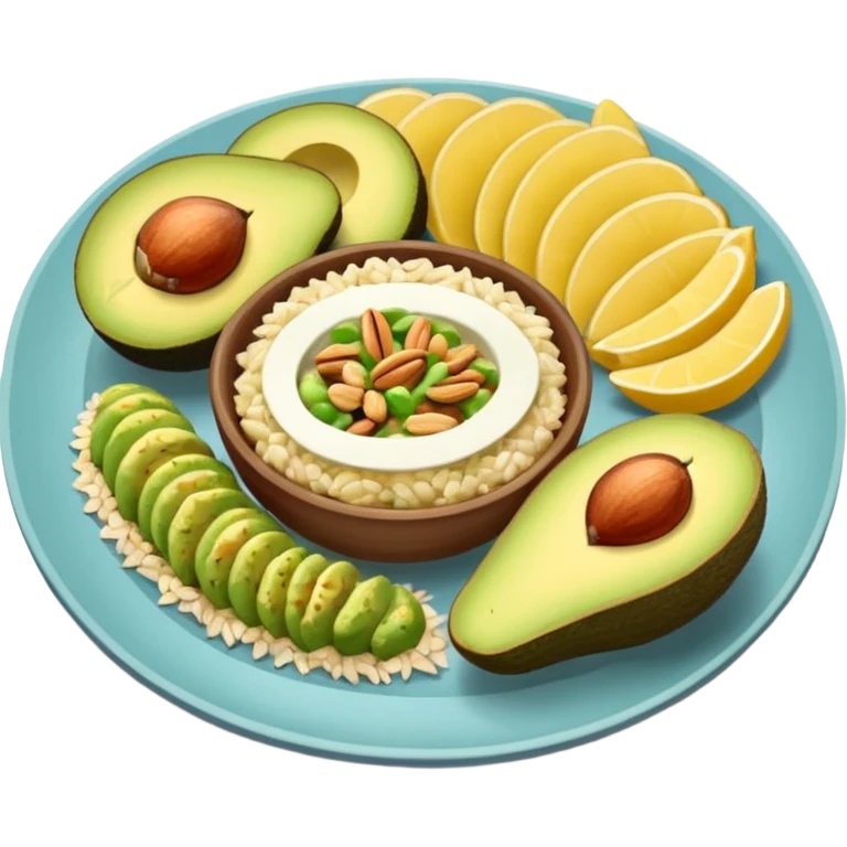 plato con comida variada granos aguacate rebanado salmon nueces arroz

 emoji