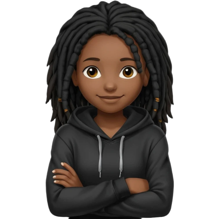 African American dark skin girl with shoulder length black dreadlocks wearing a plain black hoodie with arms folded emoji