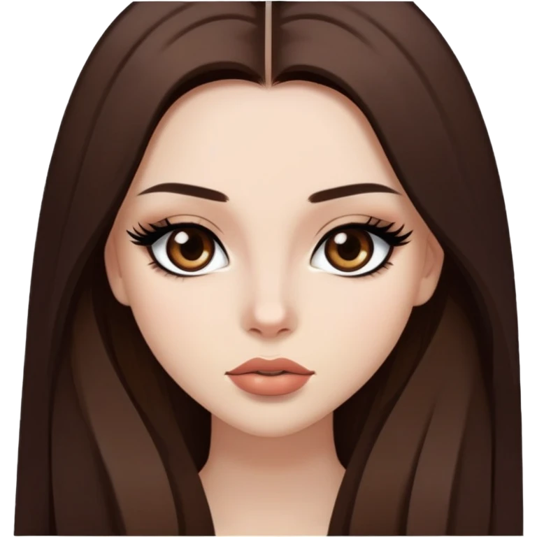 pretty baddie, brown straight hair, cute lips, pale skin, long hair, dark brown eyes, bold black eyeliner emoji