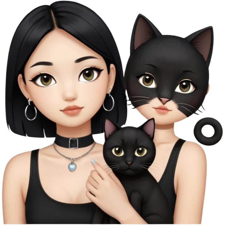 Asian cool girl, black hair.  Holding two BLACK cats. one cat has a round fat face, the other one has a slightly slimmer face. Both pure black.  The girl also wearing a black singlet, a black chocker, silver round hook earring, and wearing eyeliner.  emoji