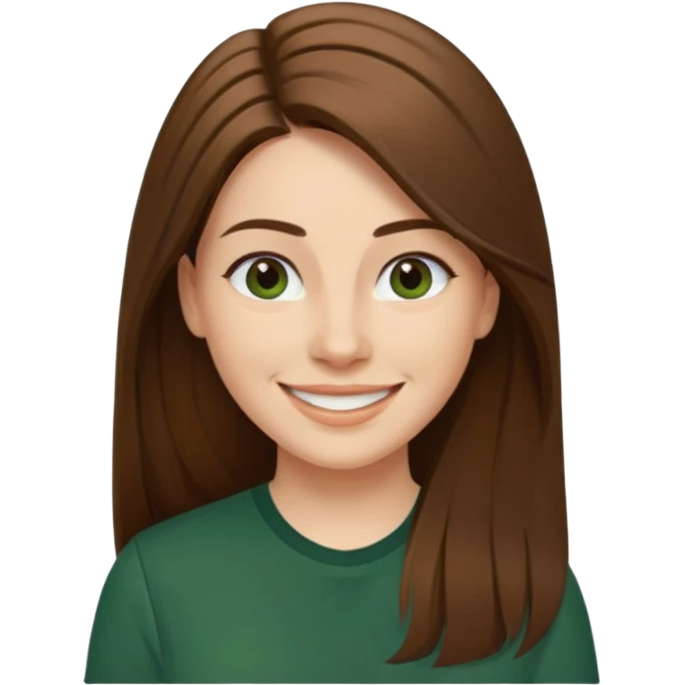 30 yr Caucasian woman long brown straight hair parted on side dark green shirt big smile emoji