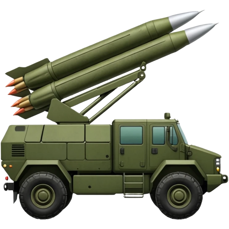 HIMARS military vehicle emoji, side view, very similar to real, six rocket tubes, military green, recognizable details emoji