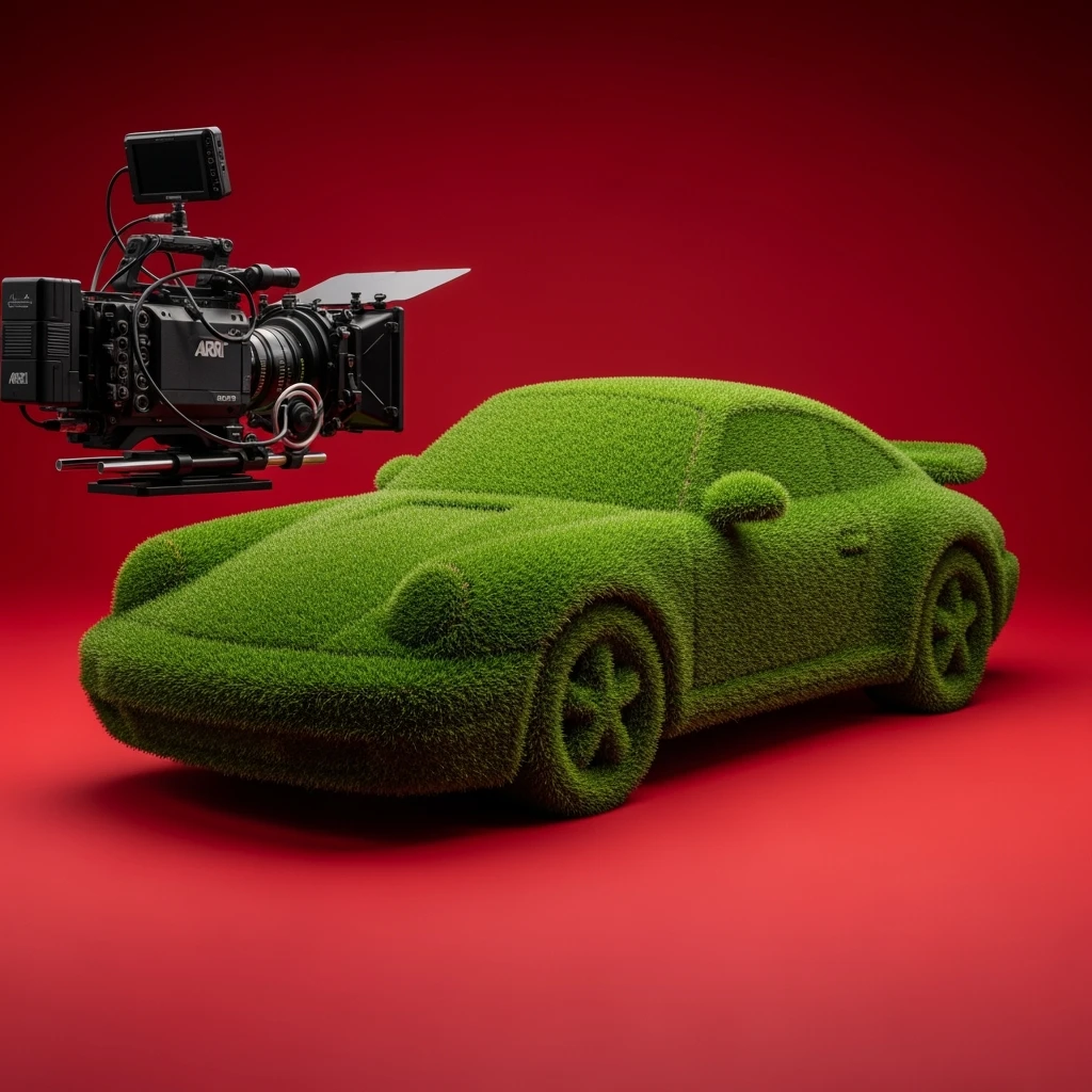 Medium shot of a porsche 911 made of green grass, red solid studio background, low keu light, top soft light, dutch angle,  captured by arri alexa emoji