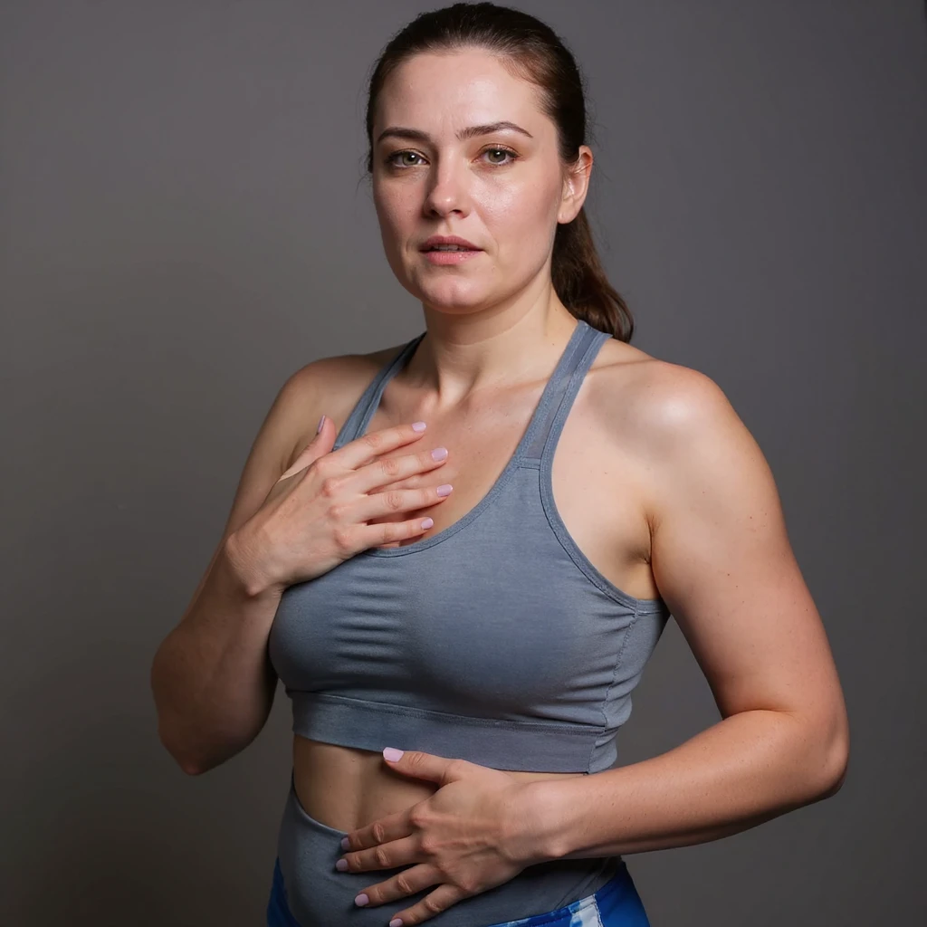 Realistic style woman in sportswear inspired by the reference photo, with one hand on her chest and the other on her belly, showing an expression of heartburn, neutral background. emoji