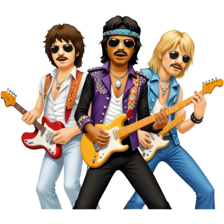 Icon for Rock Music: collage of iconic rock musicians—Klaus Meine, Jimi Hendrix, Kurt Cobain, Freddie Mercury, and Ozzy Osbourne—playing electric guitars and singing on stage. Capturing the powerful energy and rebellious spirit of rock. Transparent background. emoji