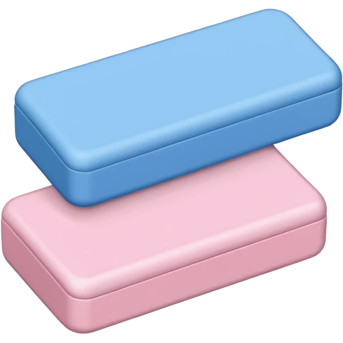 classic dual-color eraser, one half soft pink and the other blue, slightly beveled ends, matte texture, lightly rounded corners, used but clean surface, no branding, pencil, or paper, soft lighting, subtle shadows, emoji scale emoji
